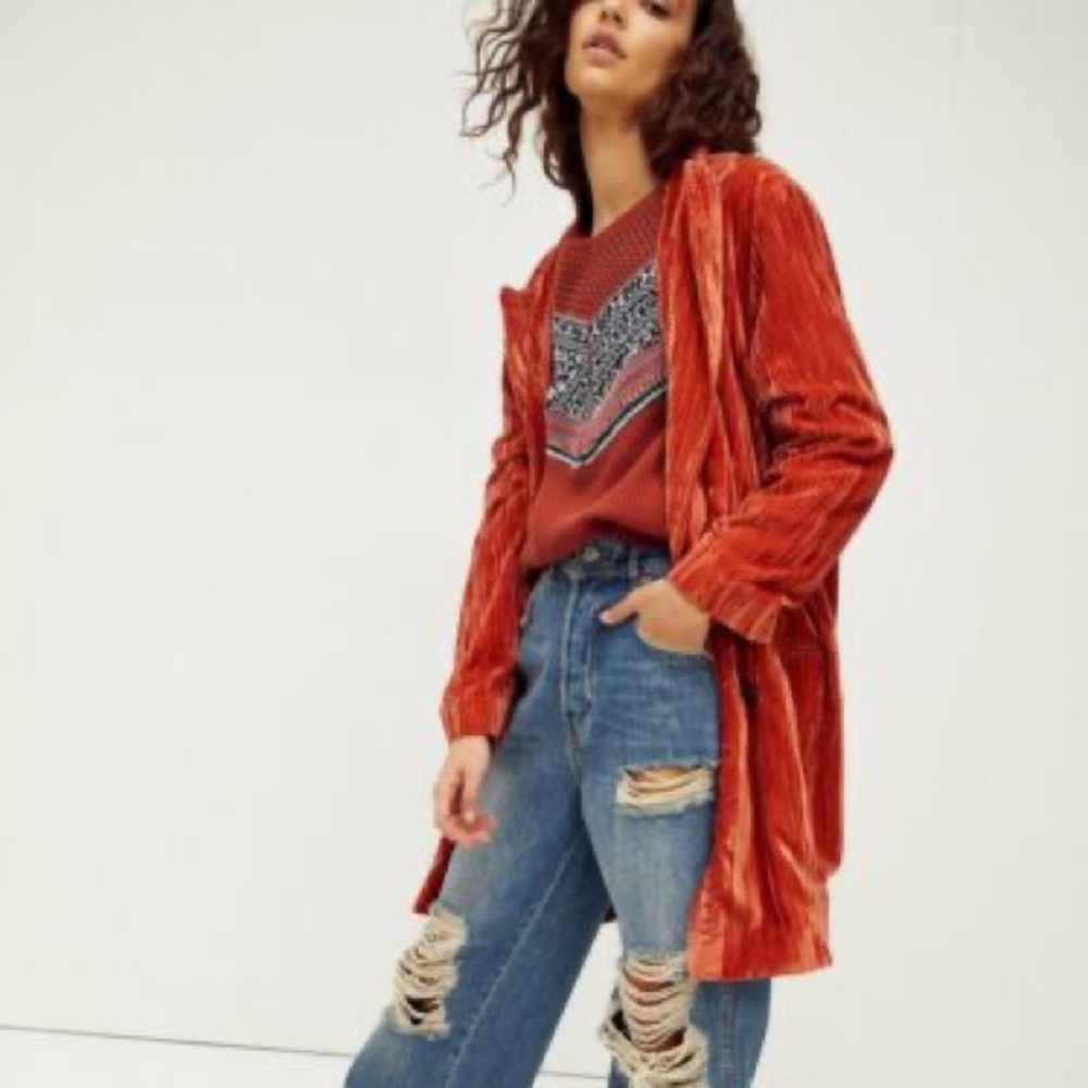 Free People Daria Crinkled Orange Velvet Blazer Jacket Sz L